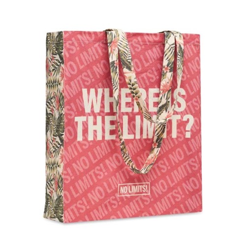 Pamutvászon bevásárlótáska oldalsó- és talp toldással, hosszú fülekkel (38x10x42 cm).