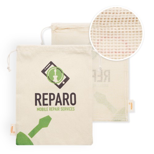 Egy oldalon hálós pamut bevásárlótáska (30x35 cm). Élelmiszerrel érintkezésre alkalmas tanúsítvánnyal.