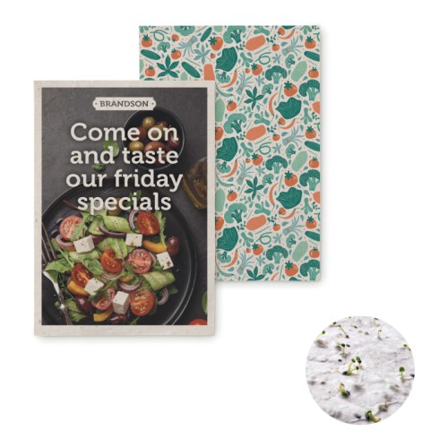 A6 ültethető magpapír az Ön dizájnja szerint nyomtatva. 8 különböző vetőmag opció áll rendelkezésre!