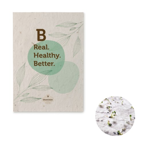 A5 ültethető magpapír az Ön dizájnja szerint nyomtatva. 8 különböző vetőmag opció áll rendelkezésre!