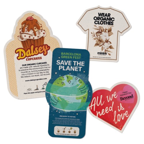 Egyedi alakú ültethető magpapír az Ön dizájnja szerint. 8 különböző vetőmag opció áll rendelkezésre!