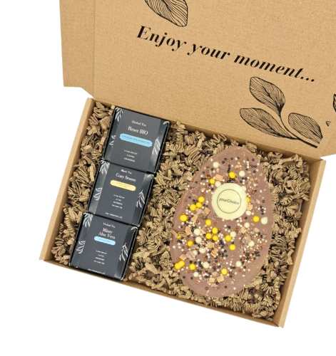 Ajándékdoboz XL belga csokoládé húsvéti tojással és 3 Zen teával.