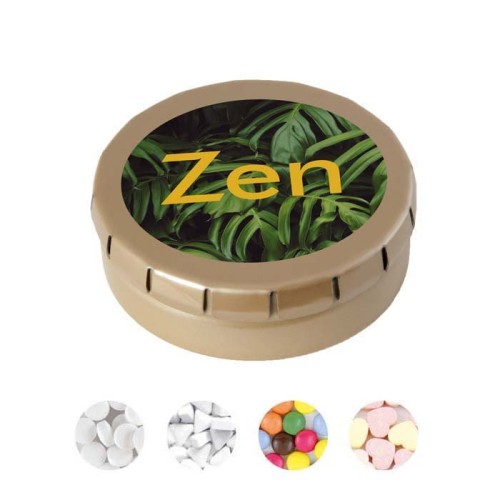 Kerek fémdoboz, mentolos cukorkákkal vagy édességekkel.