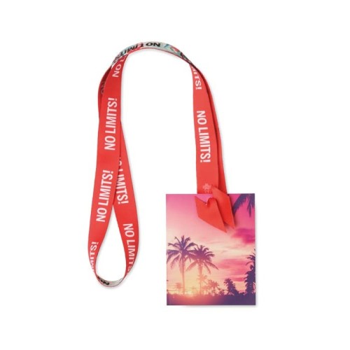 rPET szublimációs kártyatartó nyakpánt, mely nem igényel fém klipszet (szabadalmaztatott konstrukció).