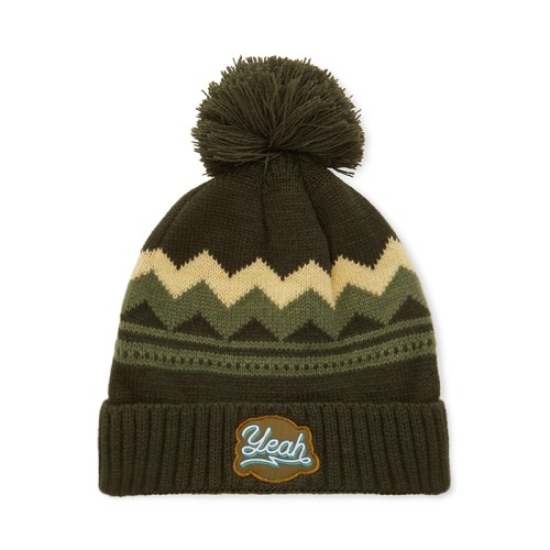 Egyedi mintás, akril kötött sapka 2x1 bordás mandzsettával és pomponnal.